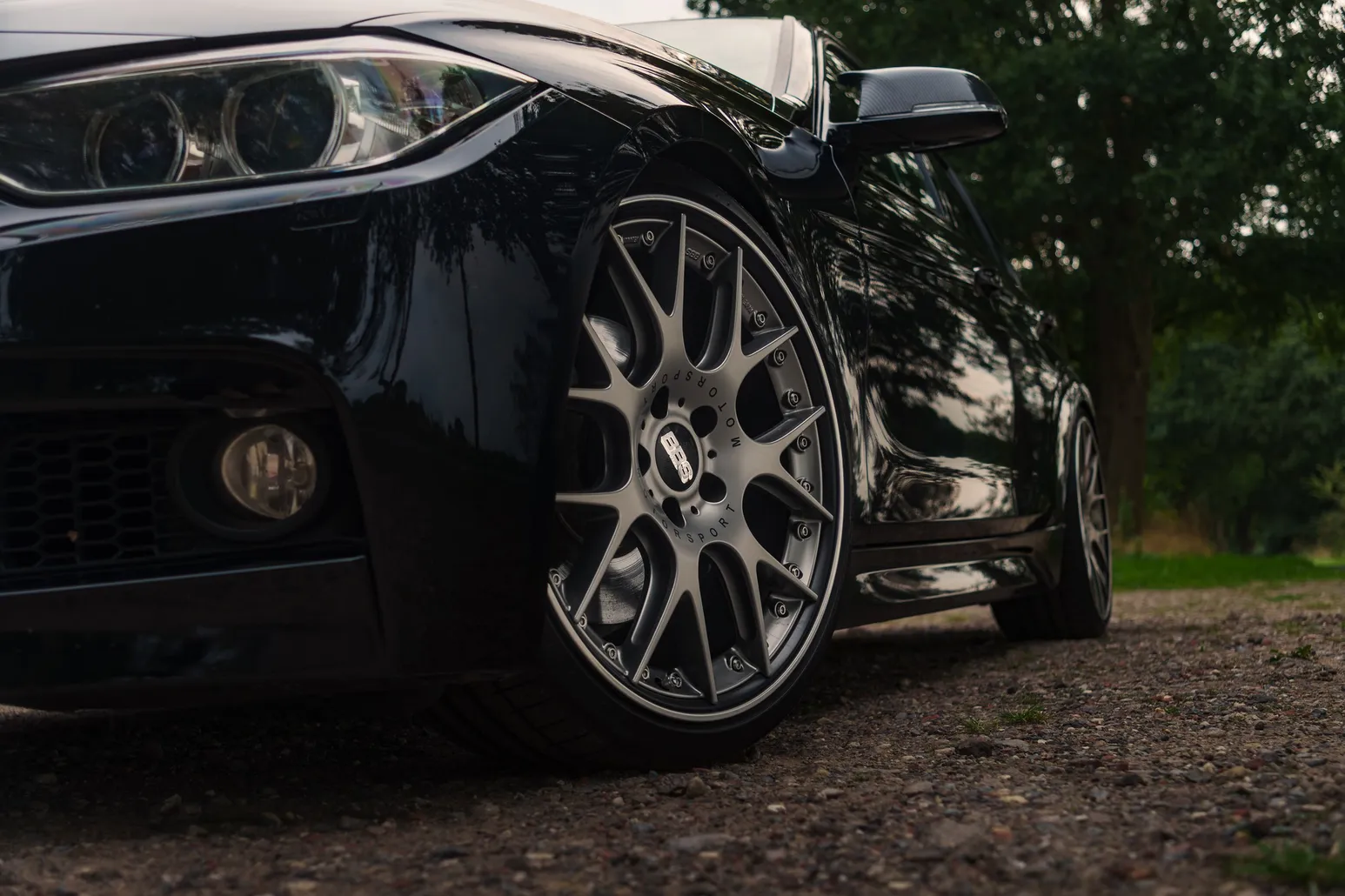 BMW F30 front corner with BBS wheel in close-up