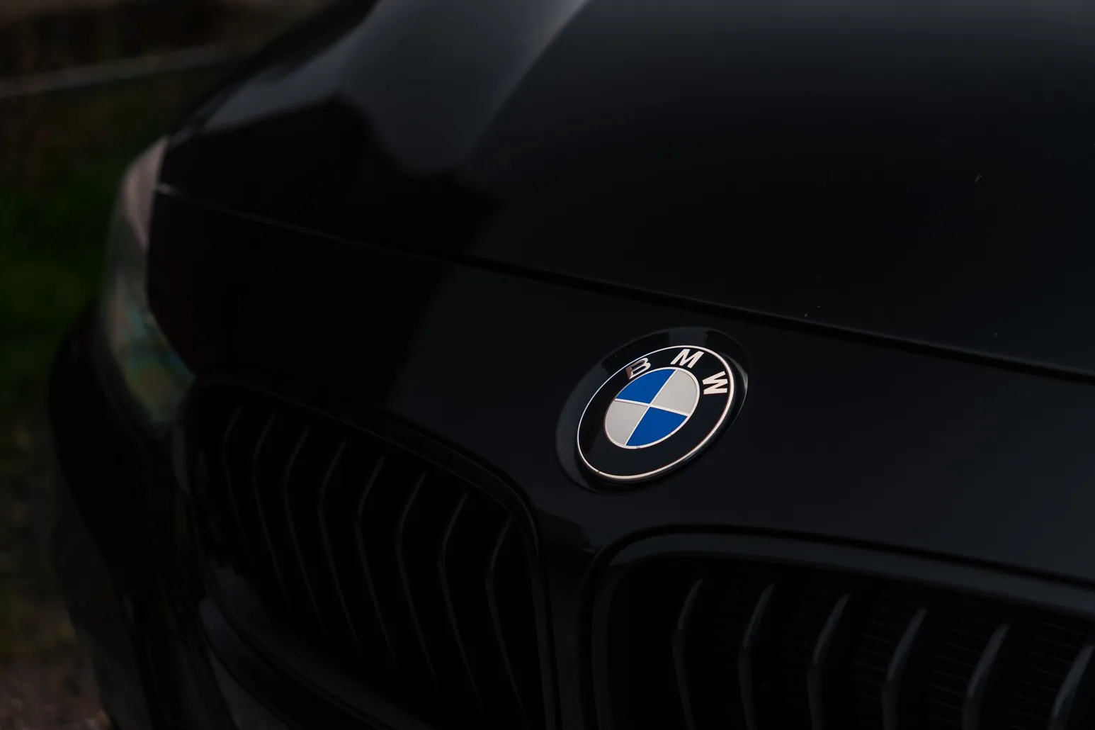 BMW roundel and black kidney grille in close-up