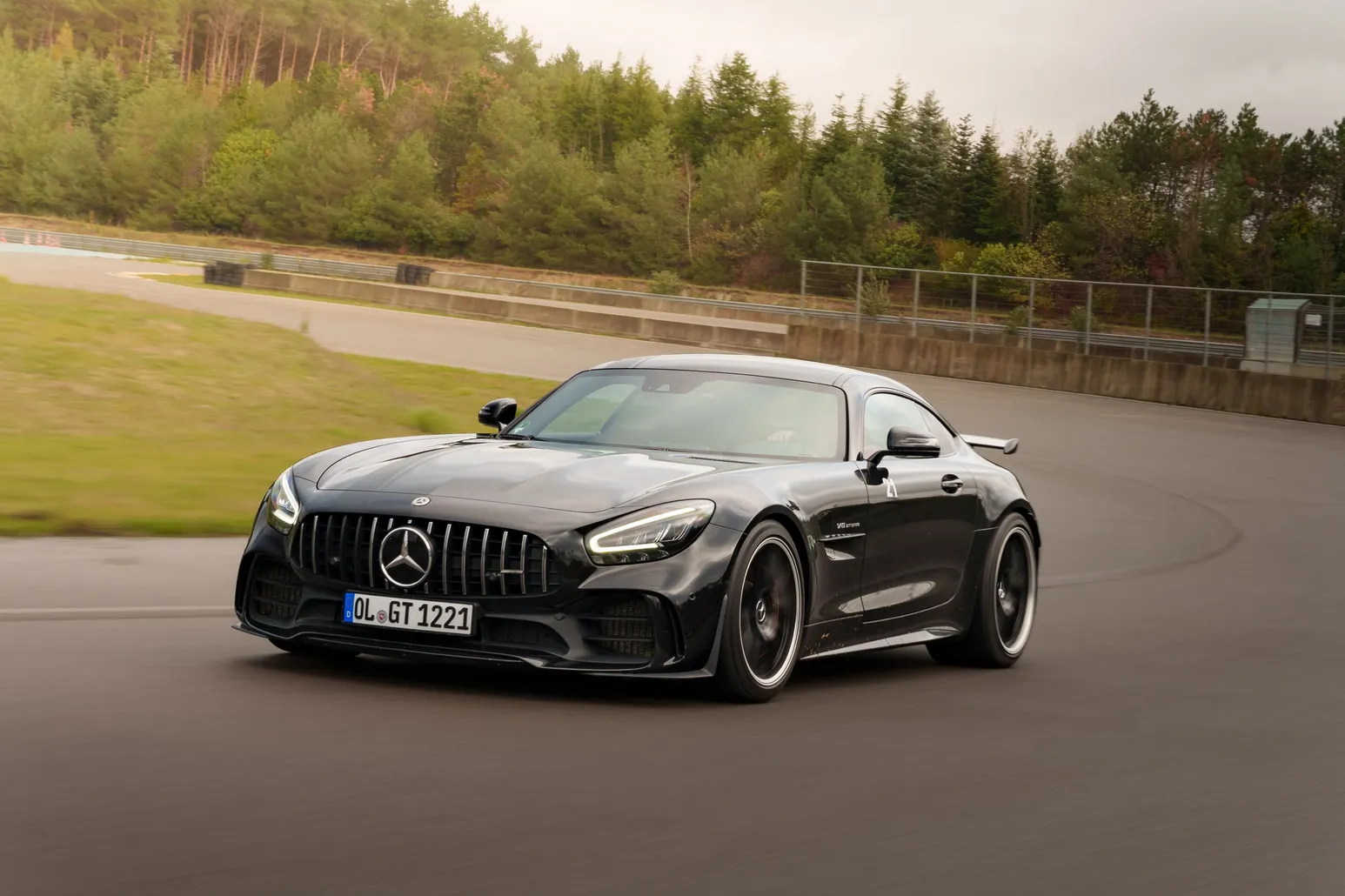 Black Mercedes-AMG GT from the front three-quarter