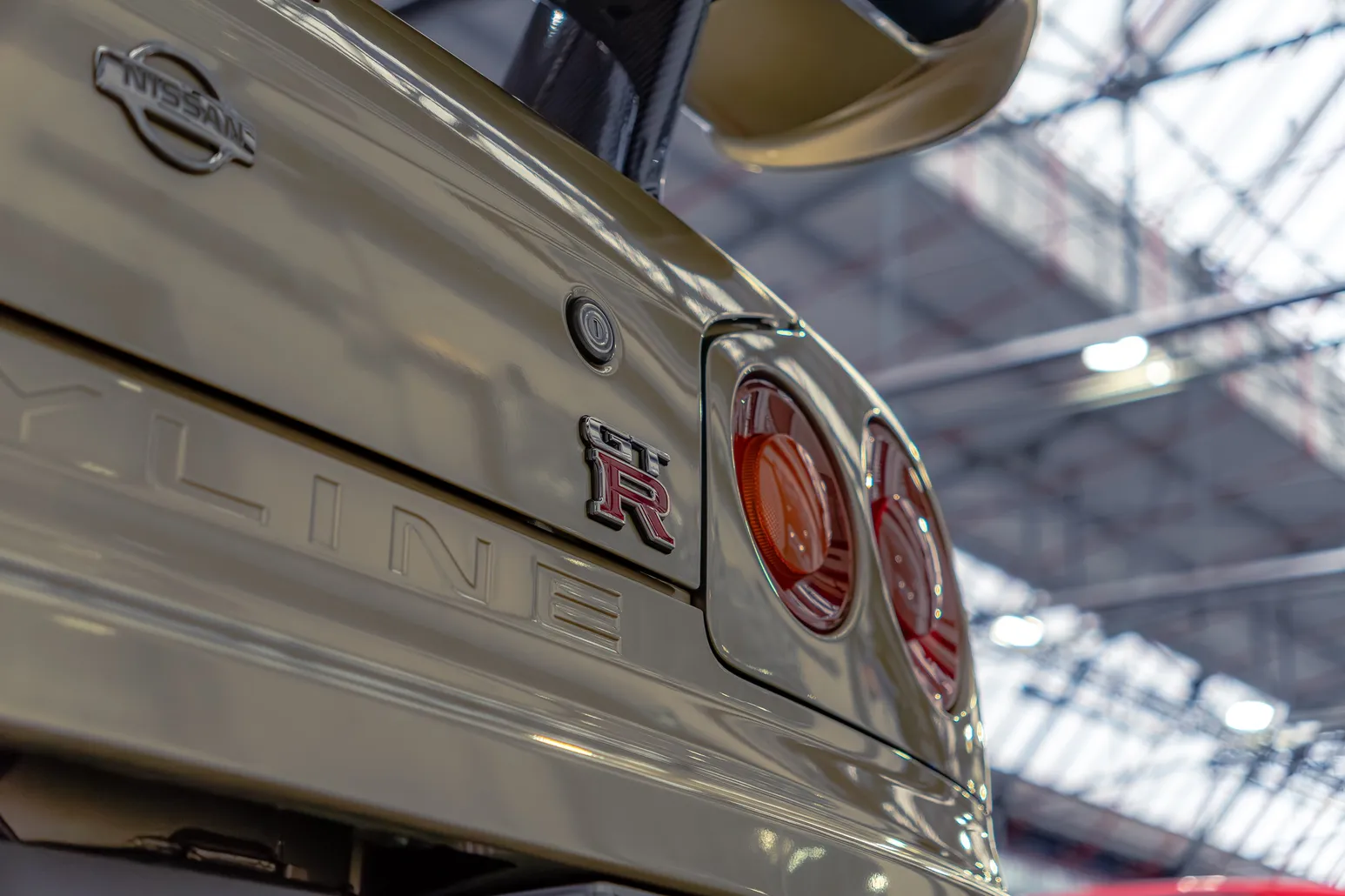 Skyline R34 tail lights and GT-R badge in close-up