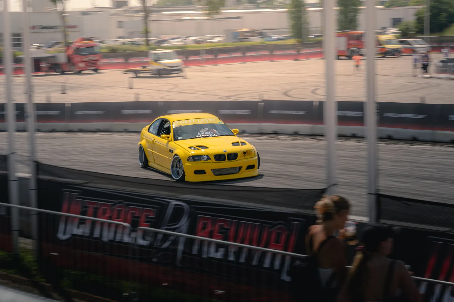 Yellow BMW M3 E46 on the drift course